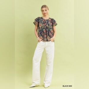 Umgee Mix Paisley Ruffle Sleeve Top🆕